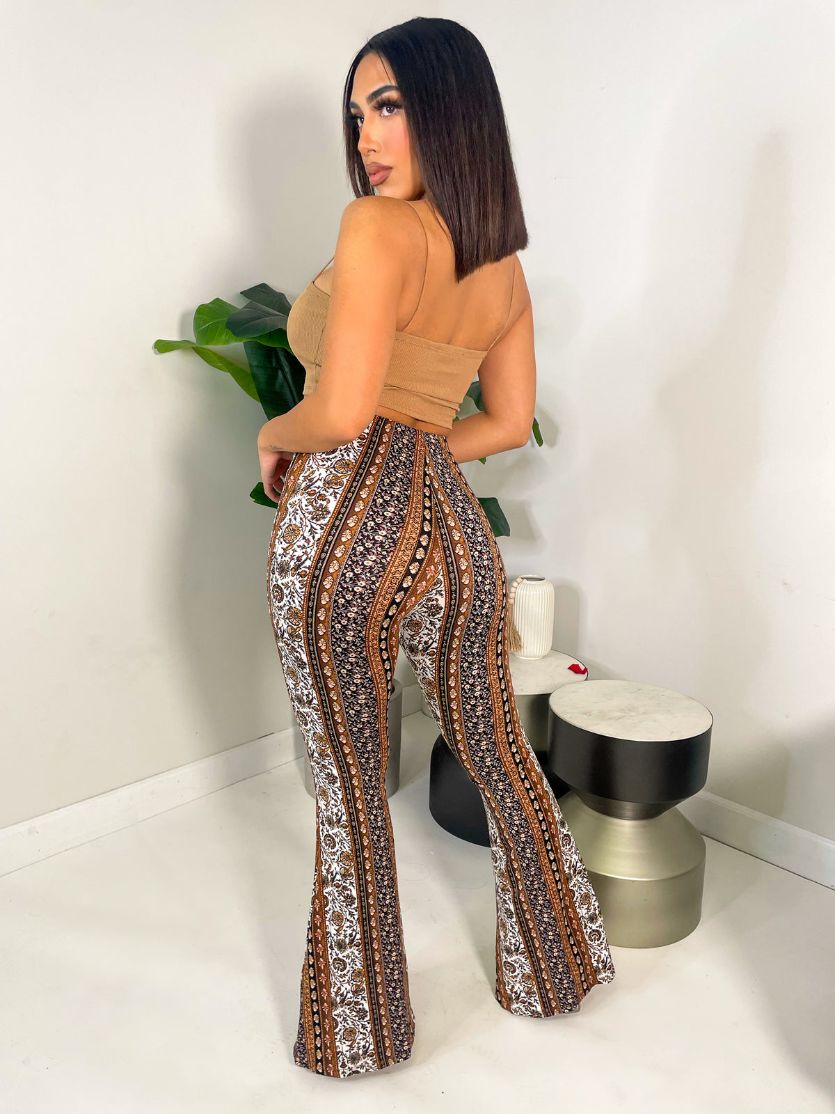 brown bell bottoms, high waisted, boho print 