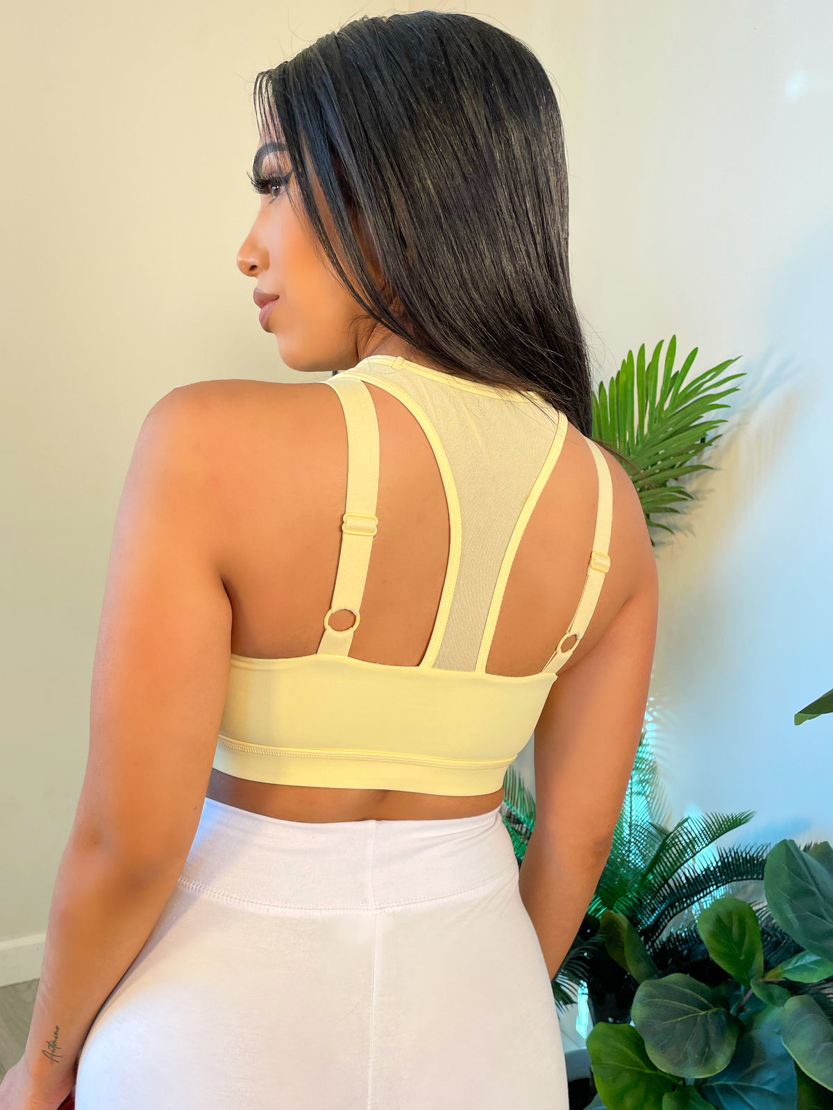 yellow sports bra, mesh cut out, crop, backless
