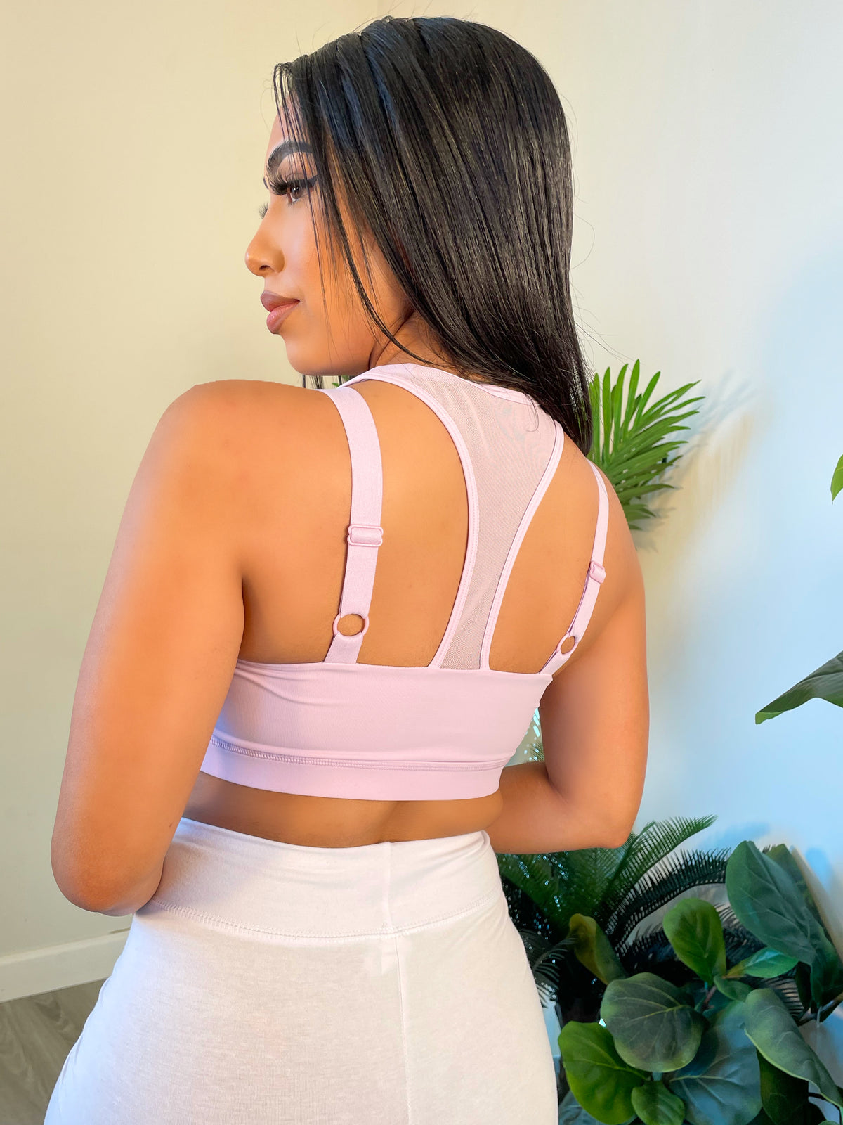 periwinkle sports bra, mesh cut out, crop, backless