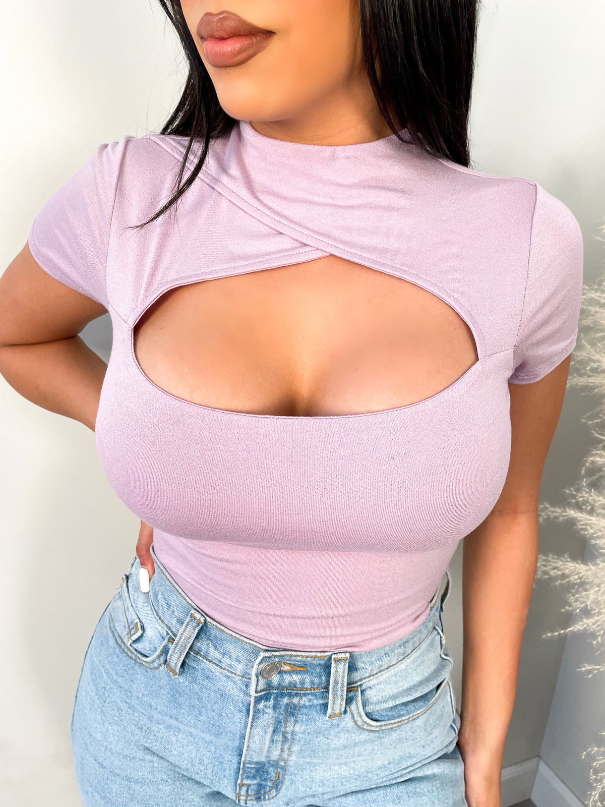 lilac top, crop top, middle cut out, high neck 