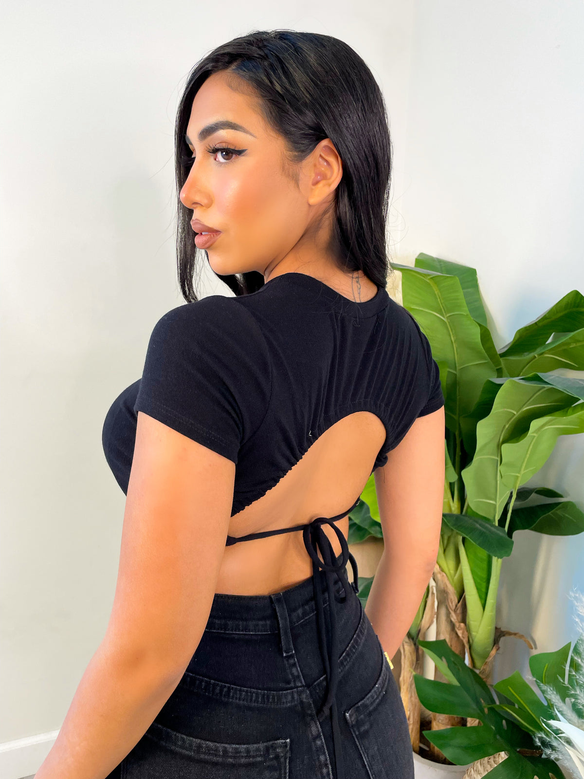 black top, crop top, short sleeve, high neck, back tie, back circle cut out