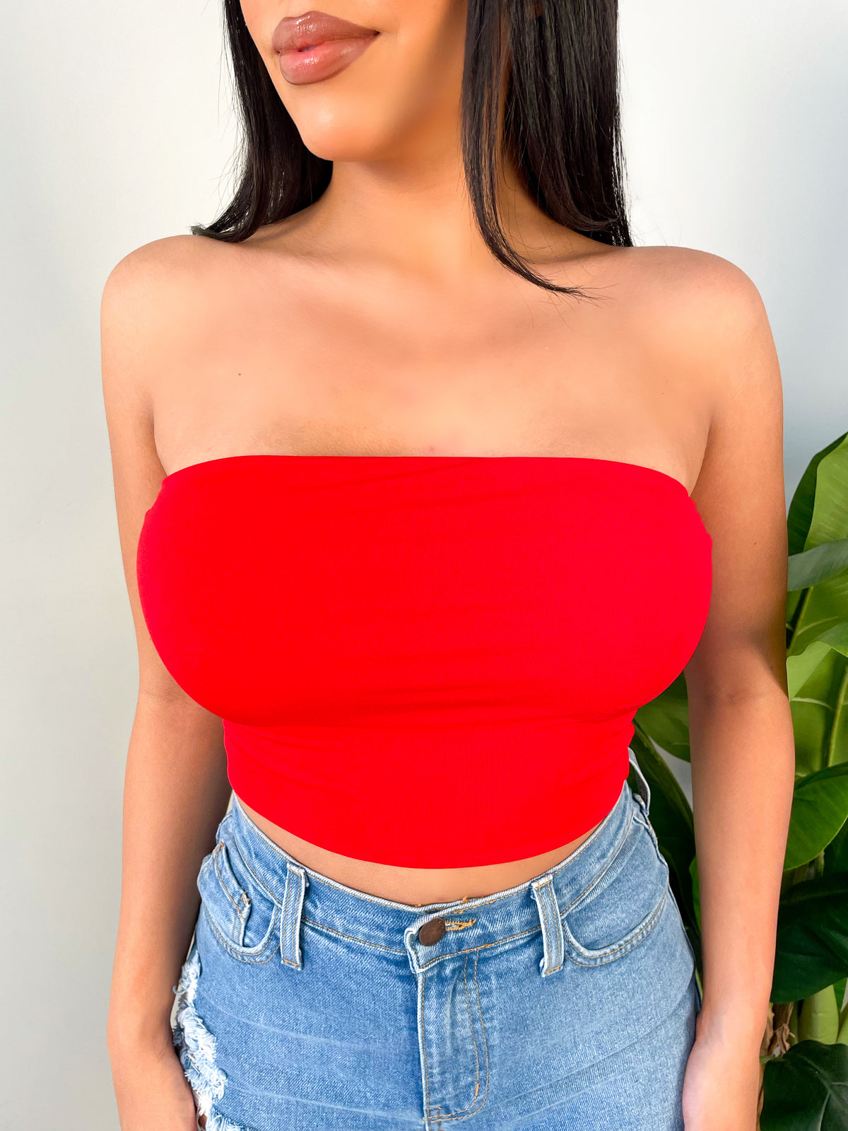 red tube top, crop top, strapless