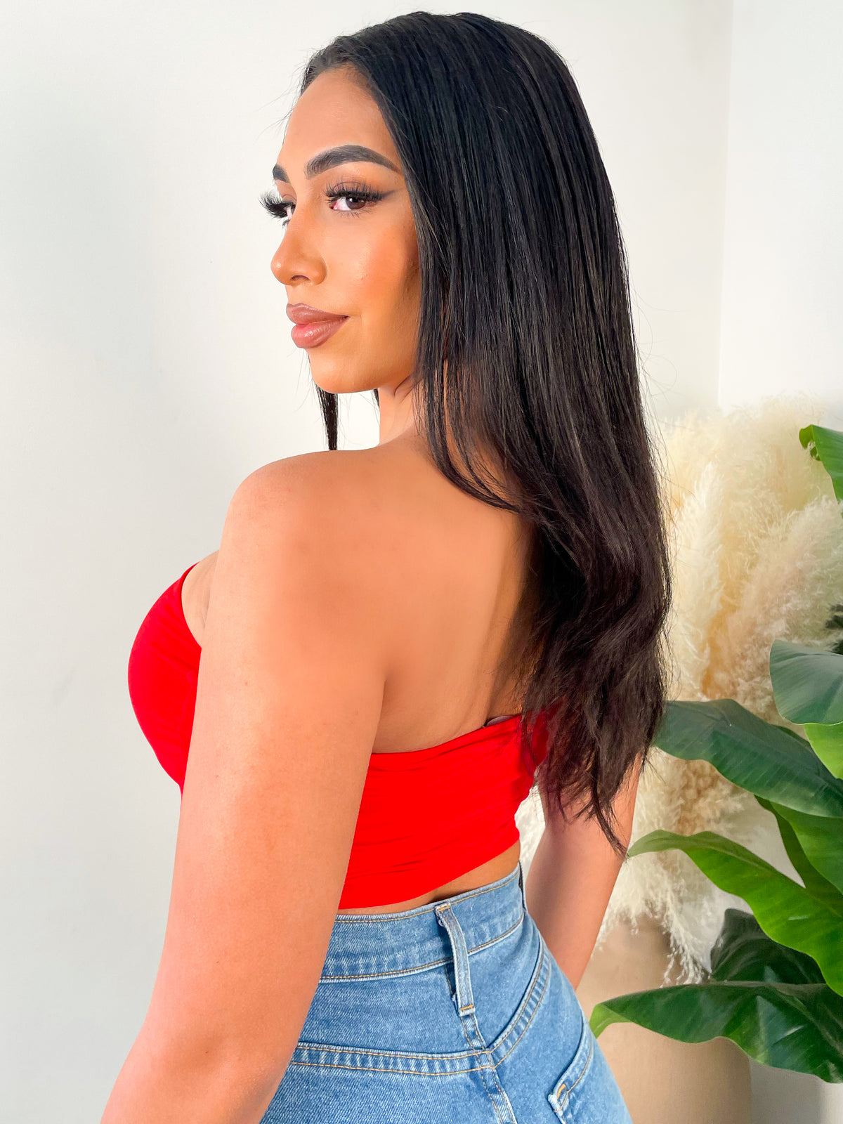 red tube top, crop top, strapless