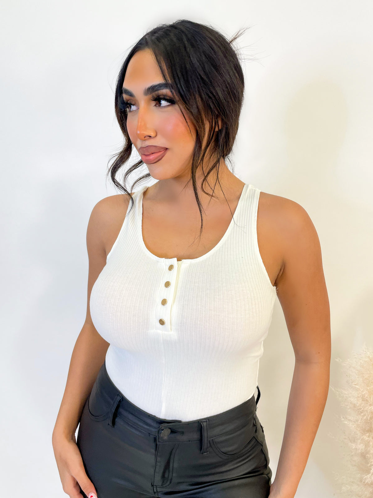 white bodysuit, ribbed, front button detail, button closure