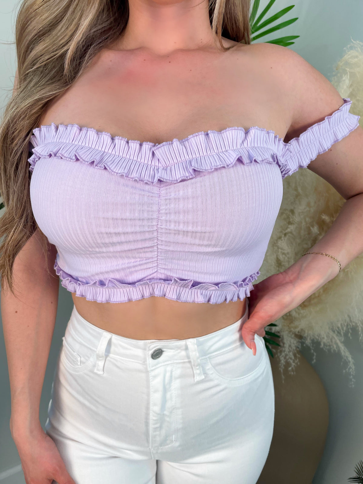 lilac crop top, off the shoulder, ruffled, ribbed