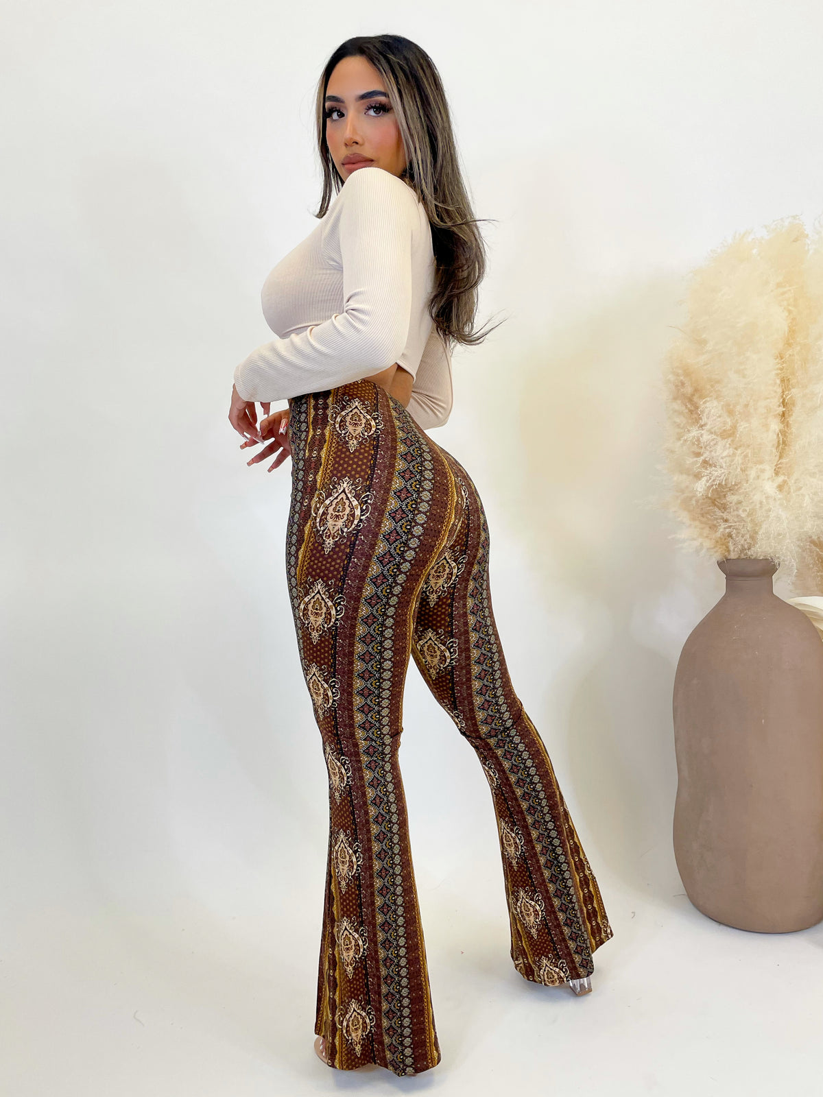  brown multicolor bell bottoms, high rise 