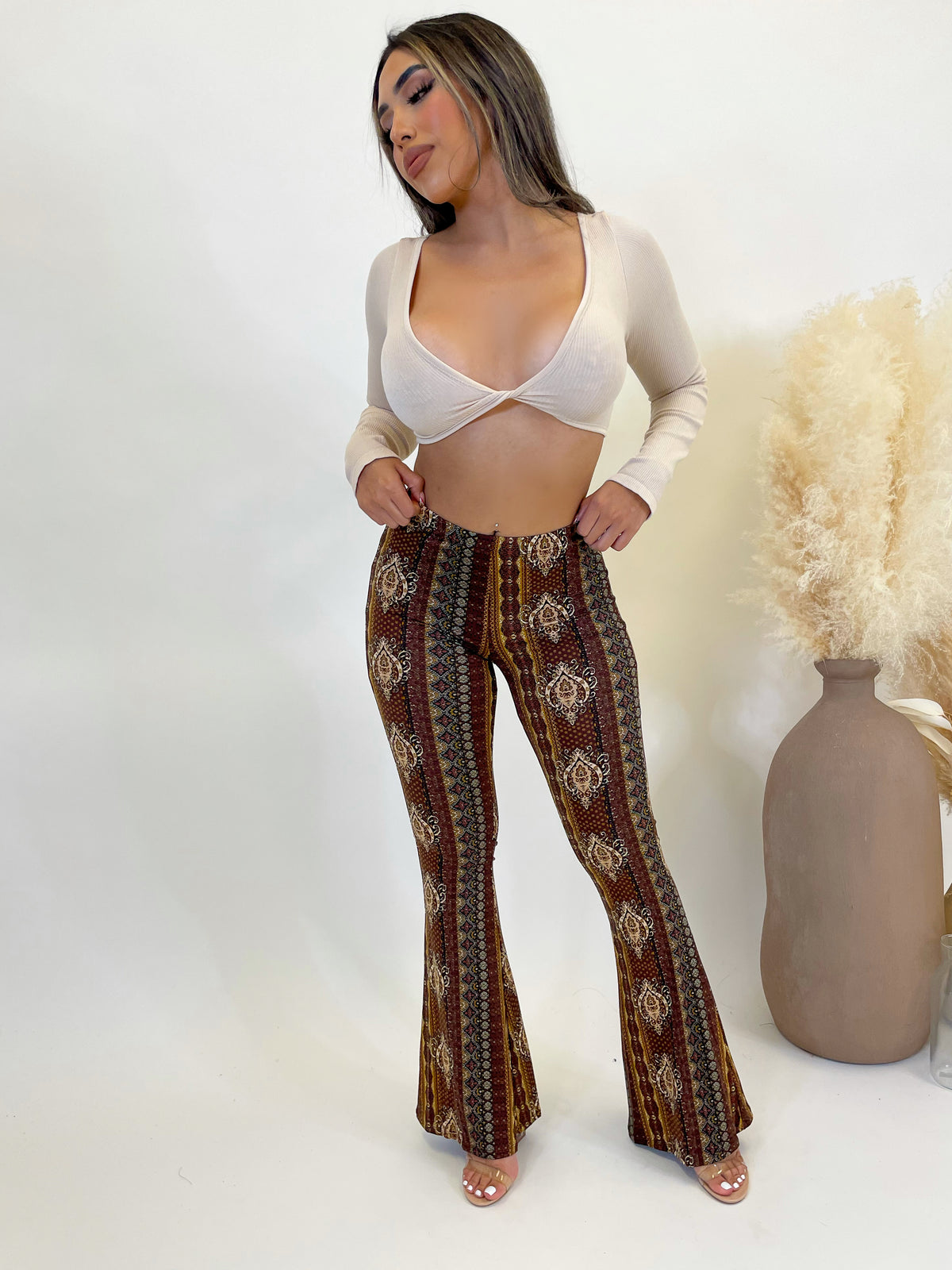  brown multicolor bell bottoms, high rise 