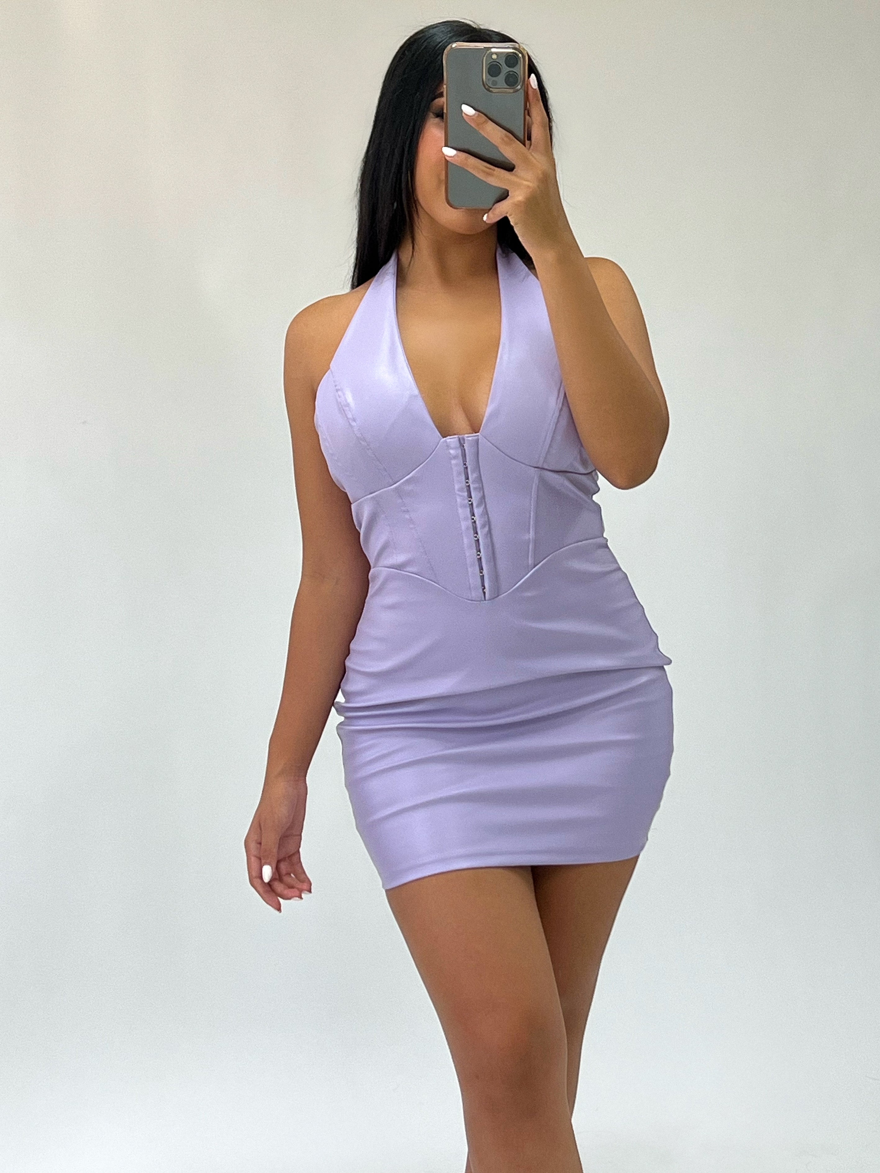 lavender leather dress Minimal Purple Women Mini Genuine Leather Dress S / DARK RED