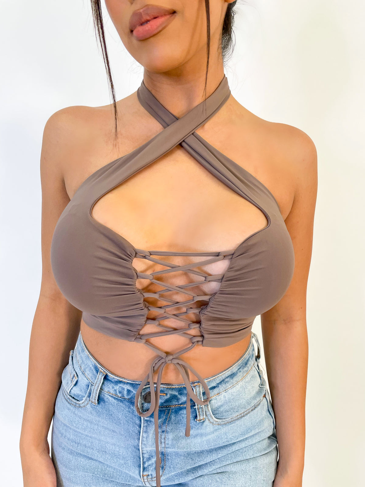 cafe halter top, crop top, lace up front