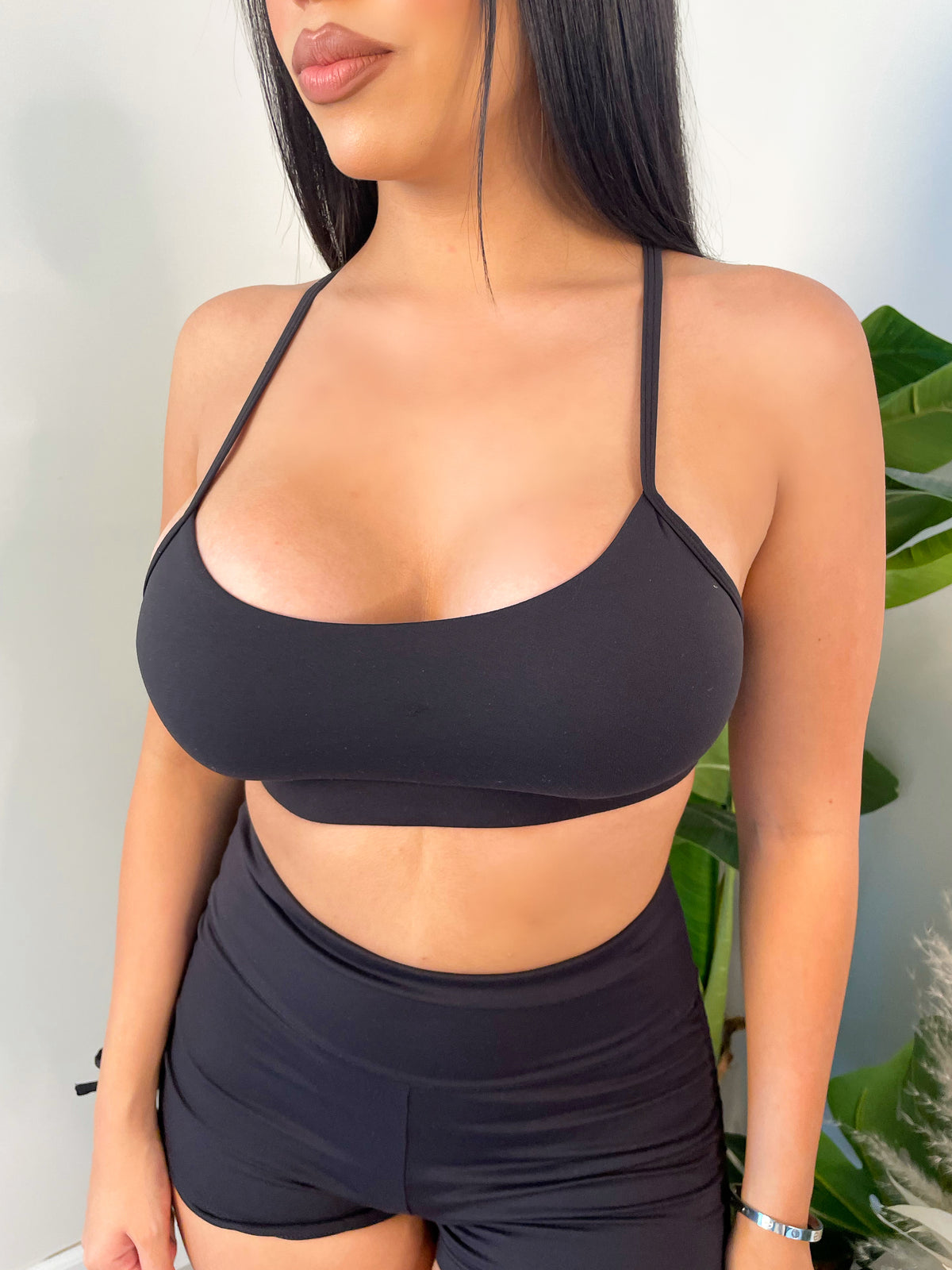 black sport bra, spaghetti straps, razor back, scoop neck  