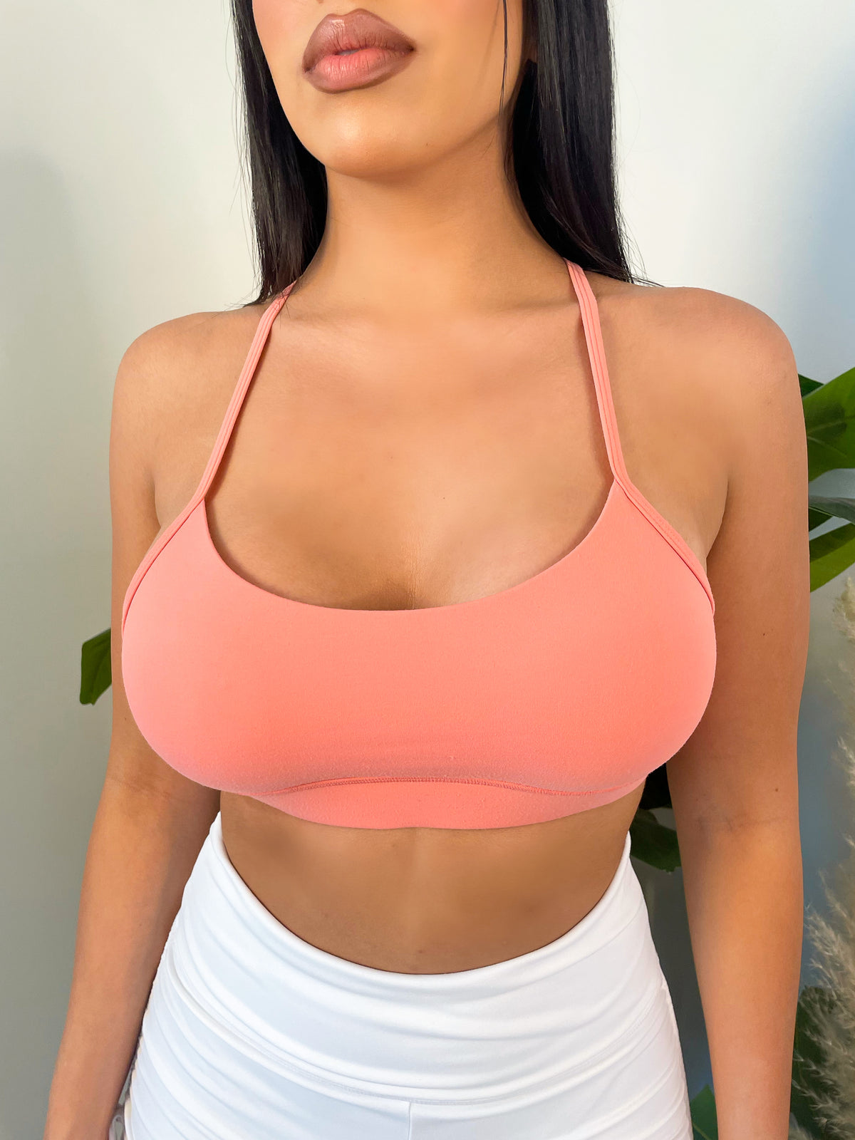 coral sport bra, spaghetti straps, razor back, scoop neck    