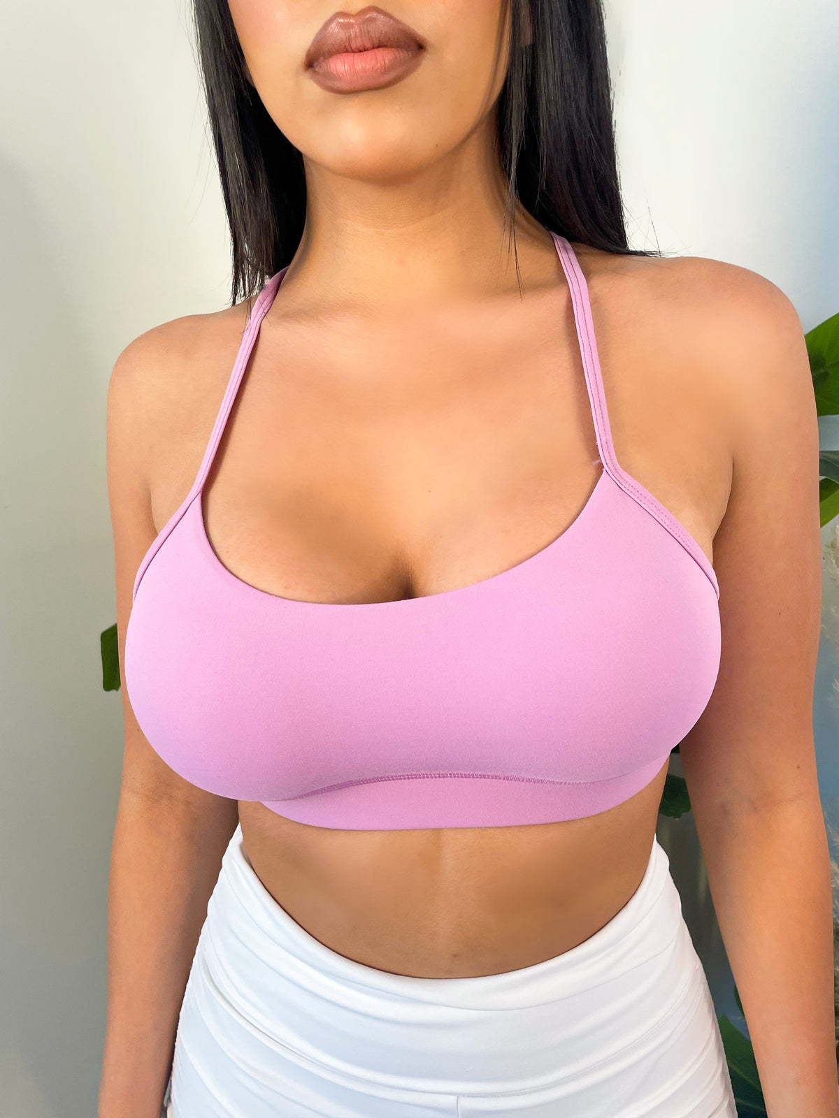 lilac sport bra, spaghetti straps, racerback, scoop neck      