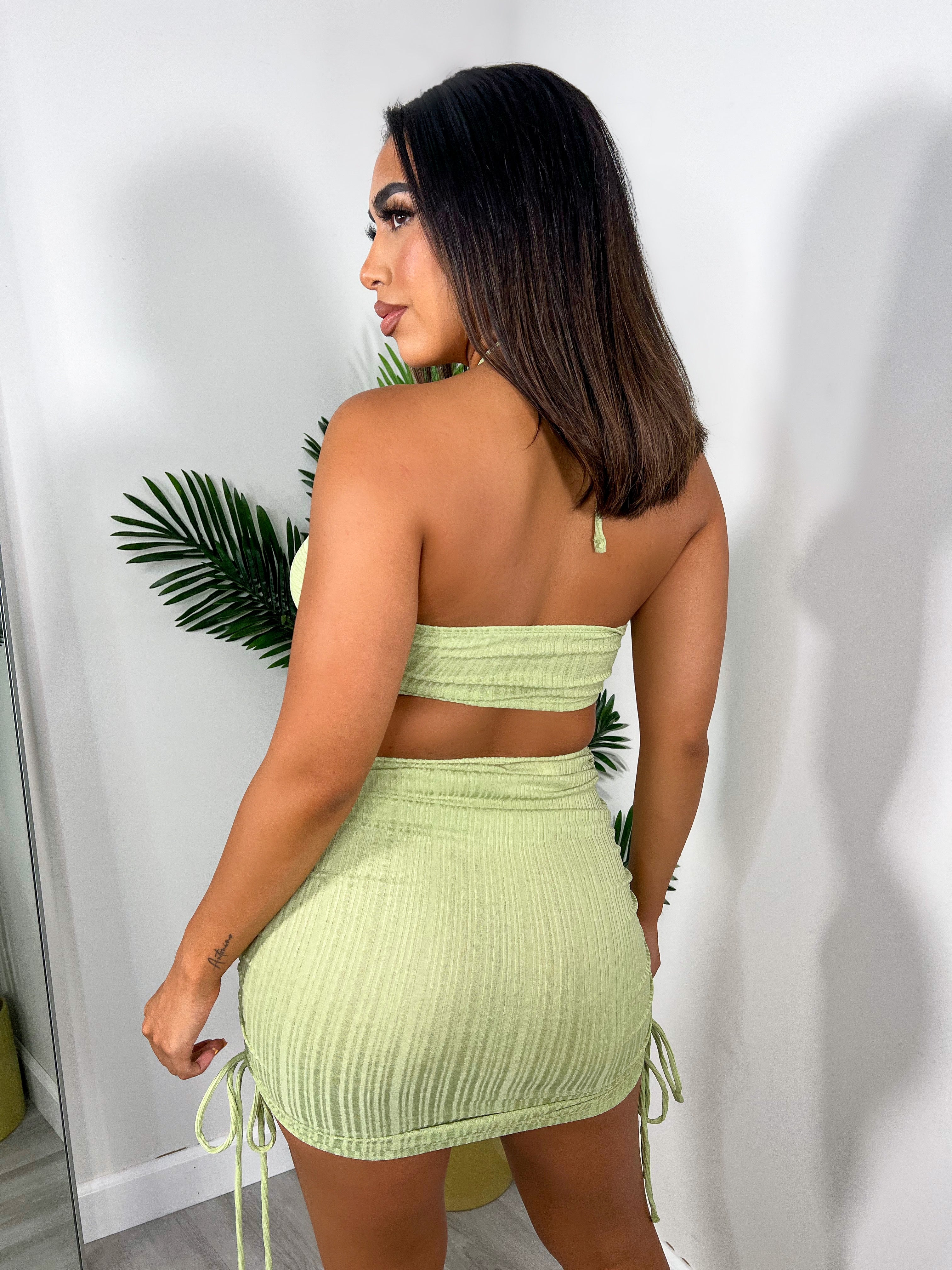 neon green two piece dress La Femme