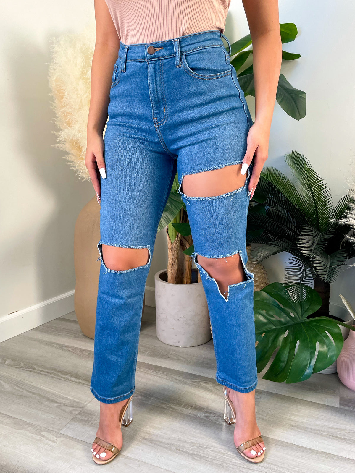 medium stone jeans, mom jeans, high waisted, knee and thigh rips 