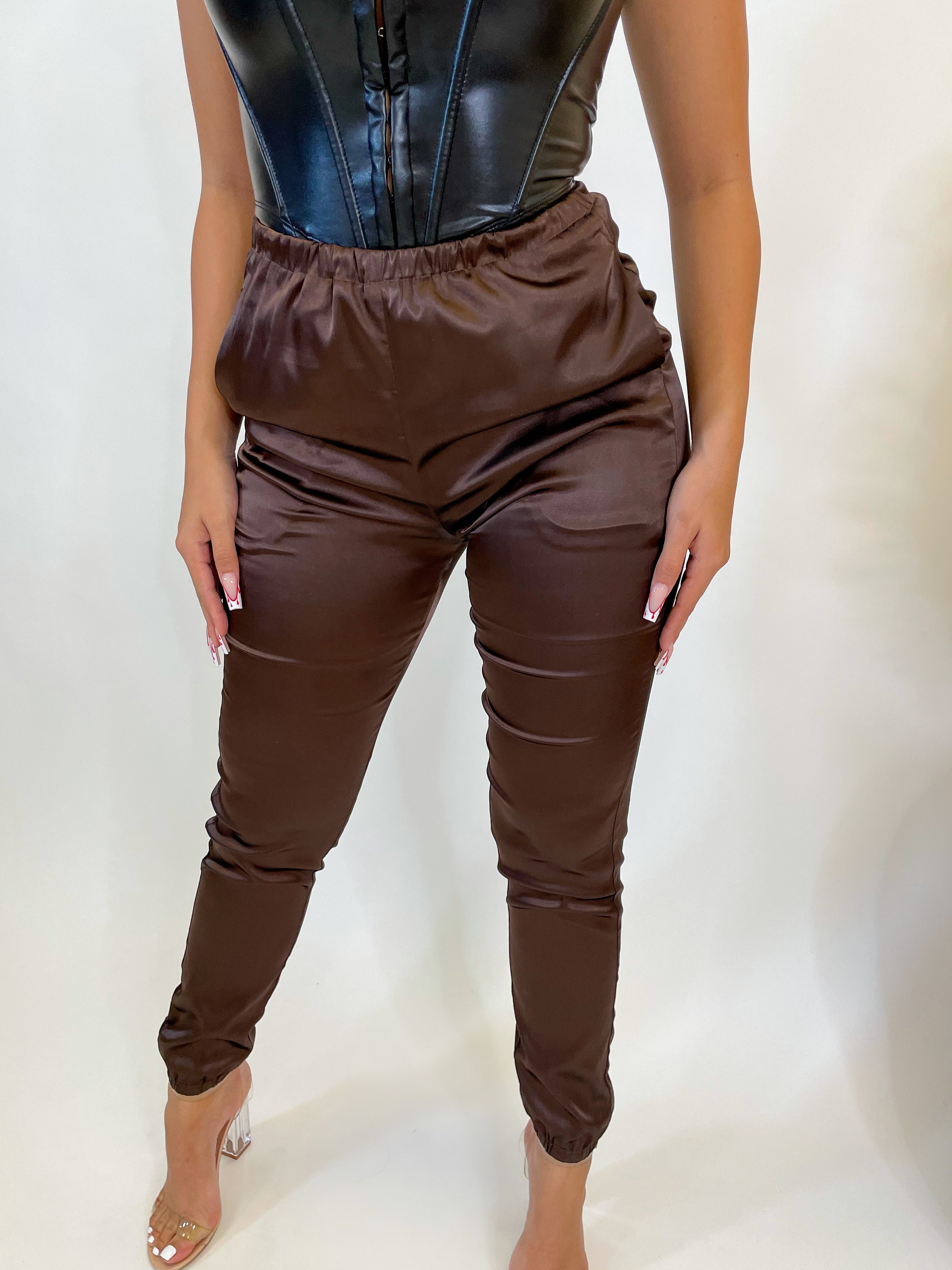 Christine Satin Joggers (Chocolate) - Laura's Boutique, Inc