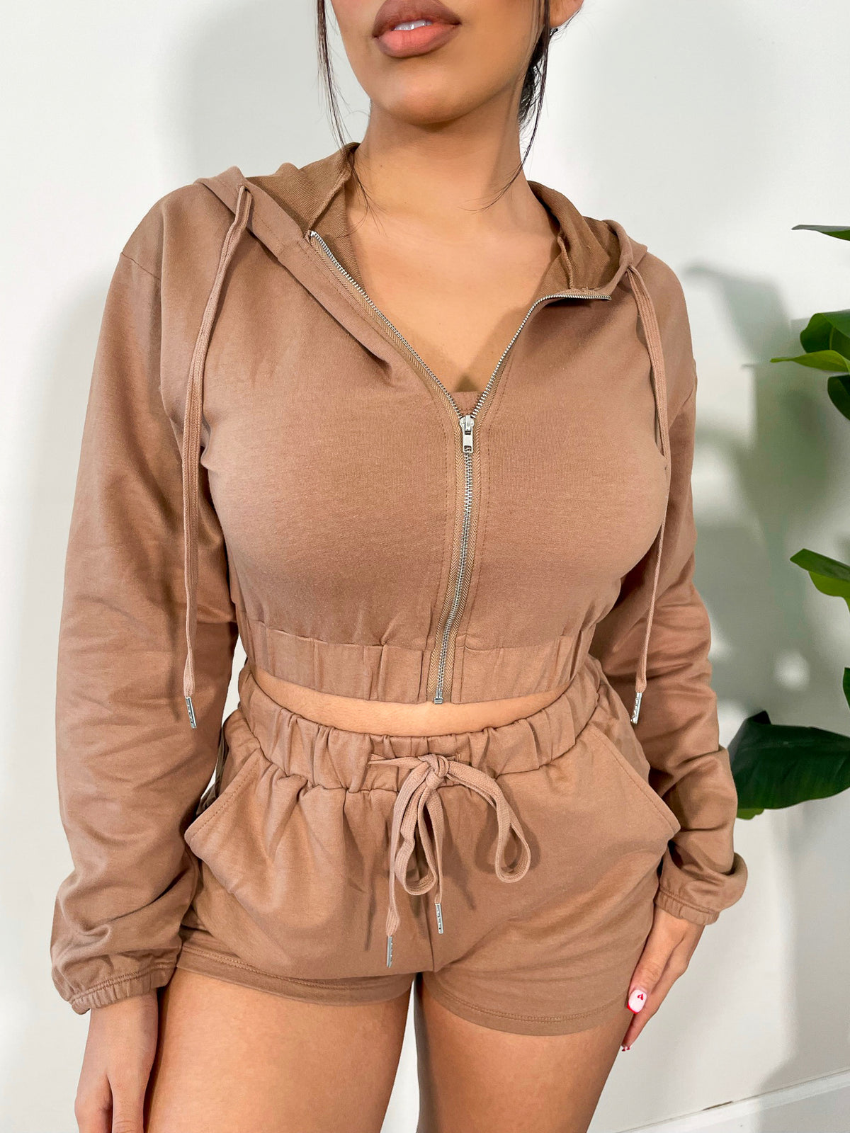 mocha 3 piece, high waist shorts with drawstring, bandeau top, cropped zip up sweater