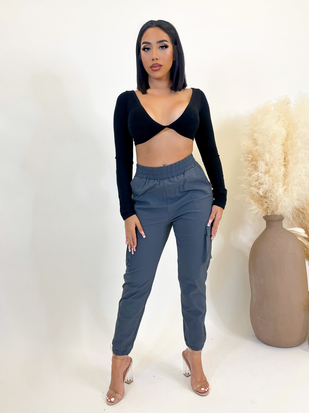 grey joggers, high waisted, scrunched waist, leg utility pockets, cuffed ankle