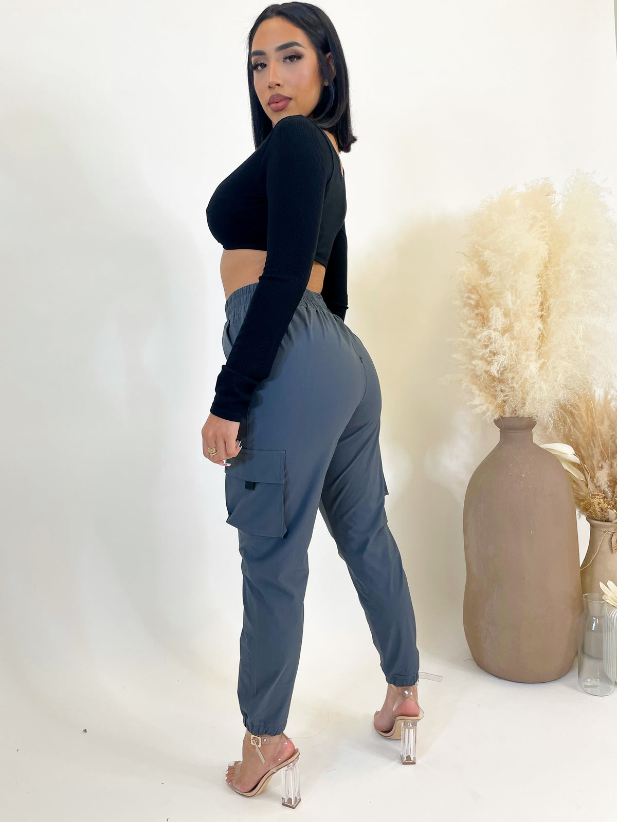 grey joggers, high waisted, scrunched waist, leg utility pockets, cuffed ankle