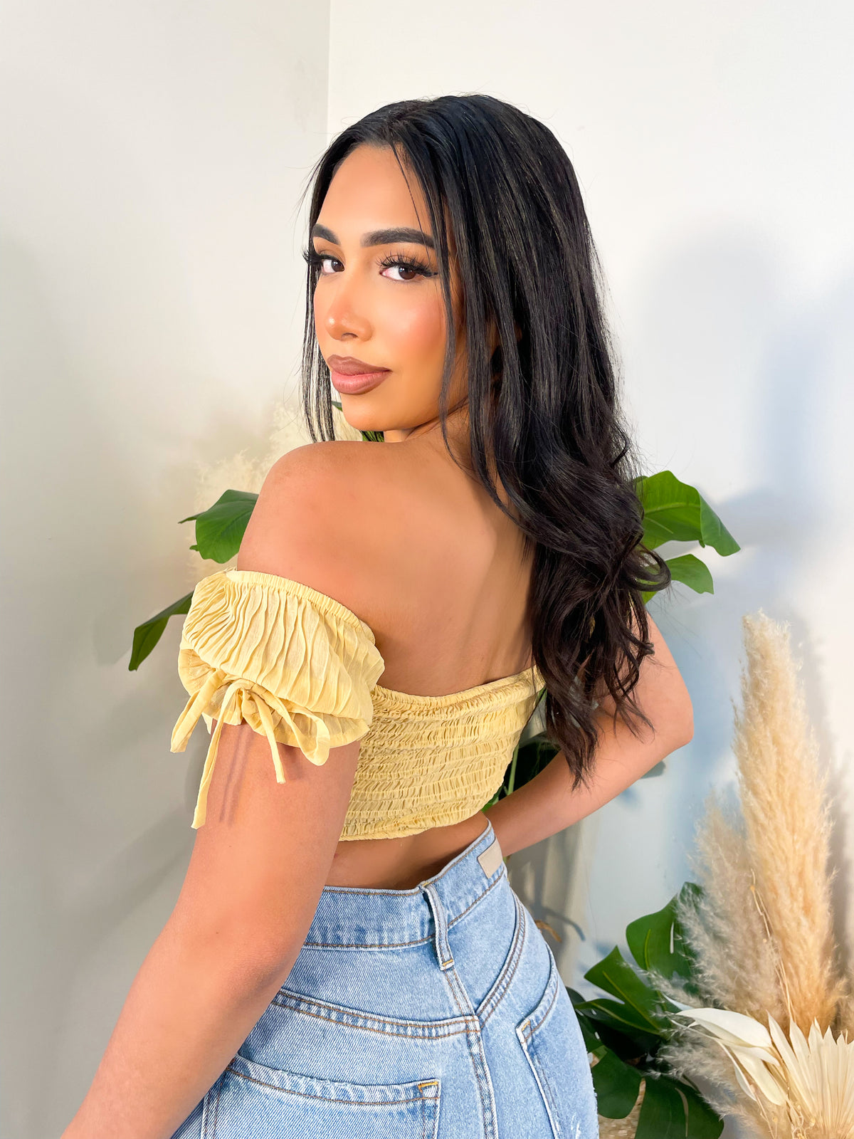 yellow crop top, off the shoulder, ruched, scrunched waist/back