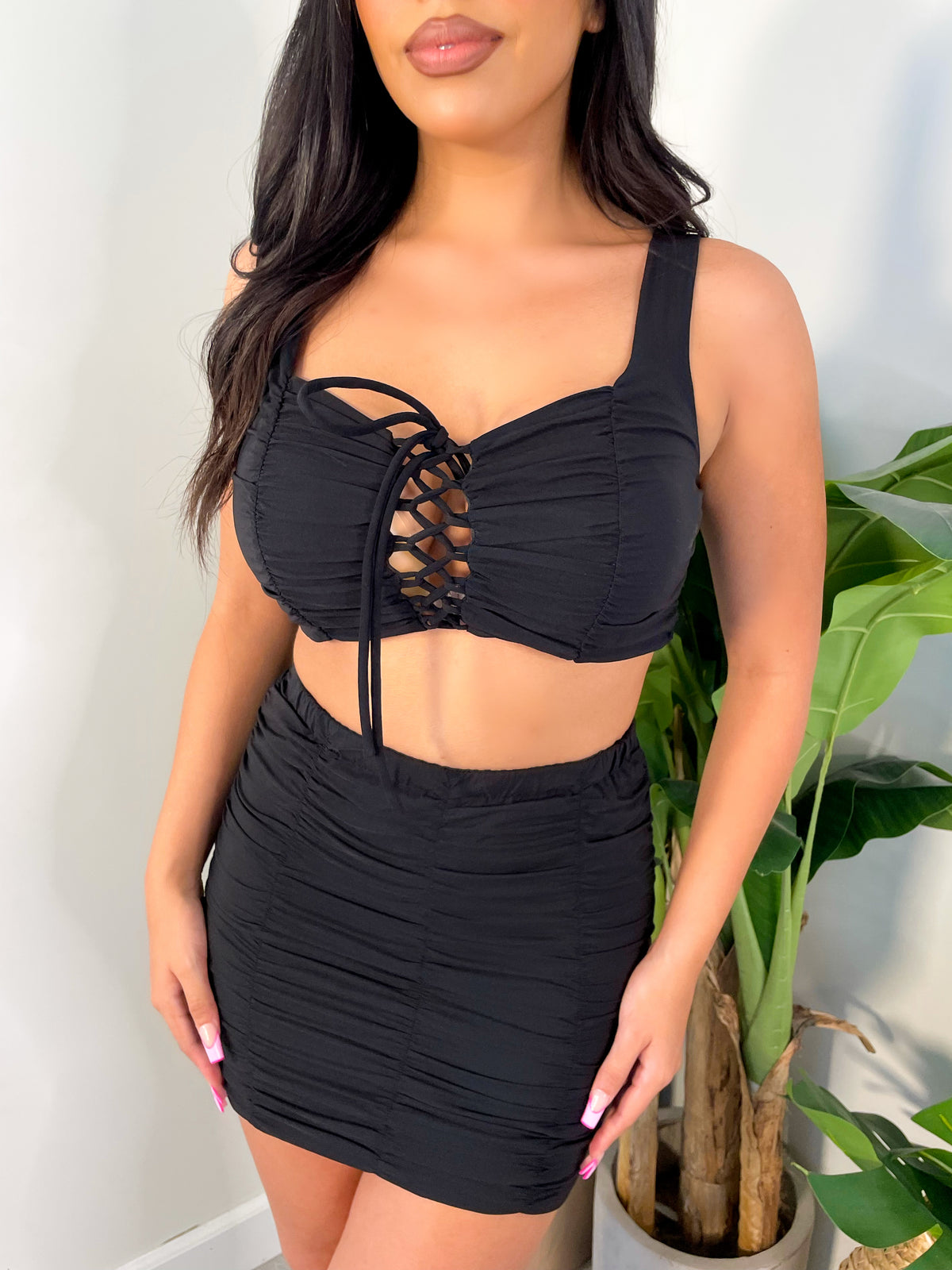 black 2 piece, crop top, tank top, lace tie front, high waisted mini skirt, ruched, back zipper
