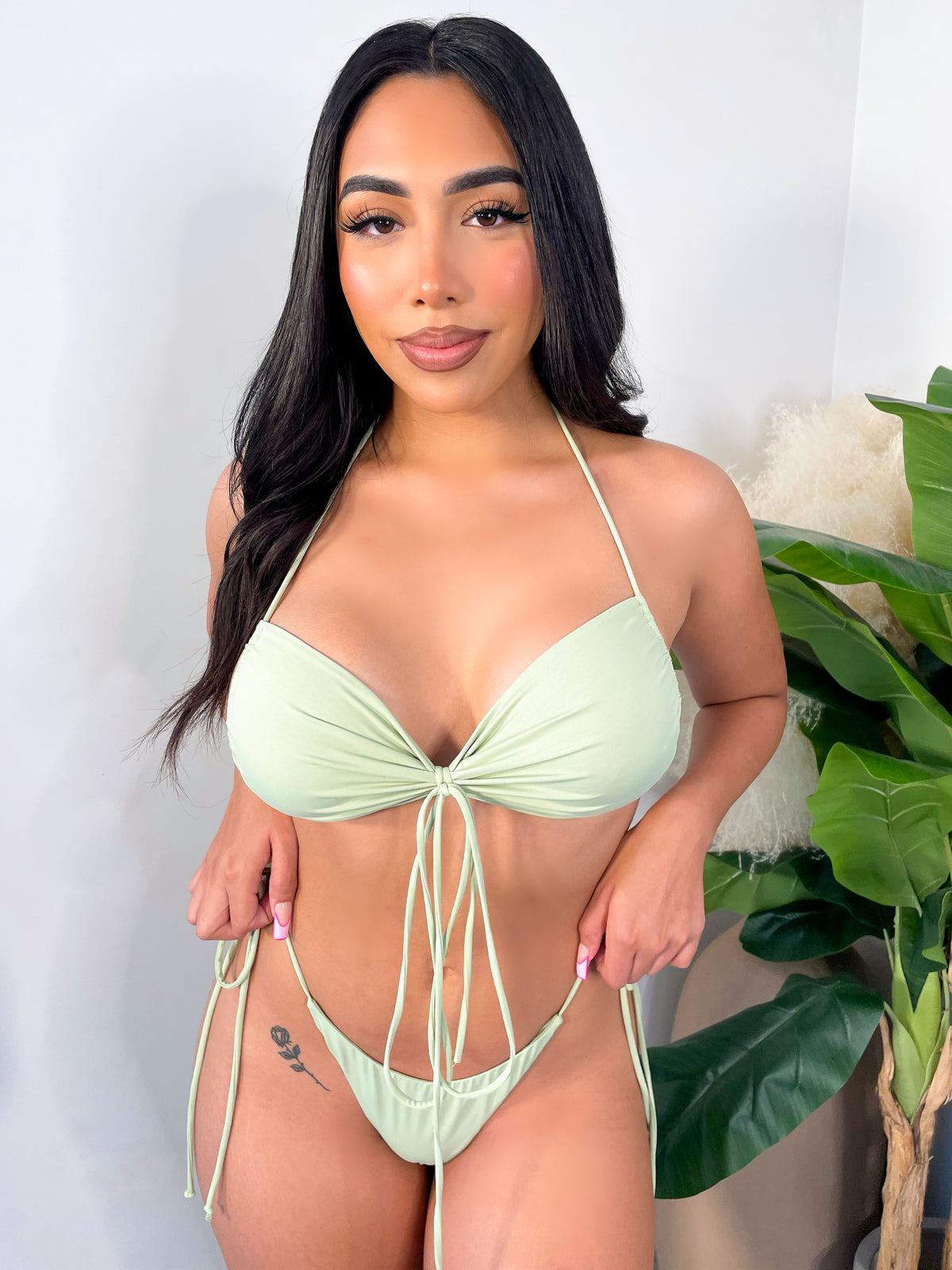 sage bathing suit set, halter neck tie, back and middle self tie top, triangle bottoms, thong