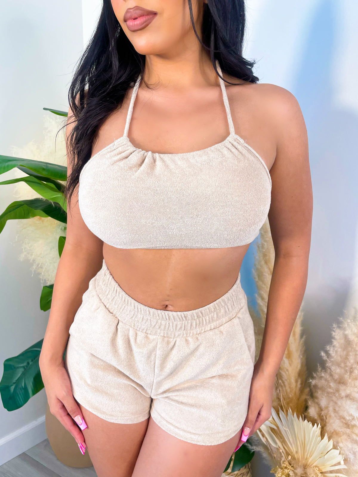 taupe lounge set, crop top, halter neck tie, high waisted shorts, thick waistband, terrycloth 