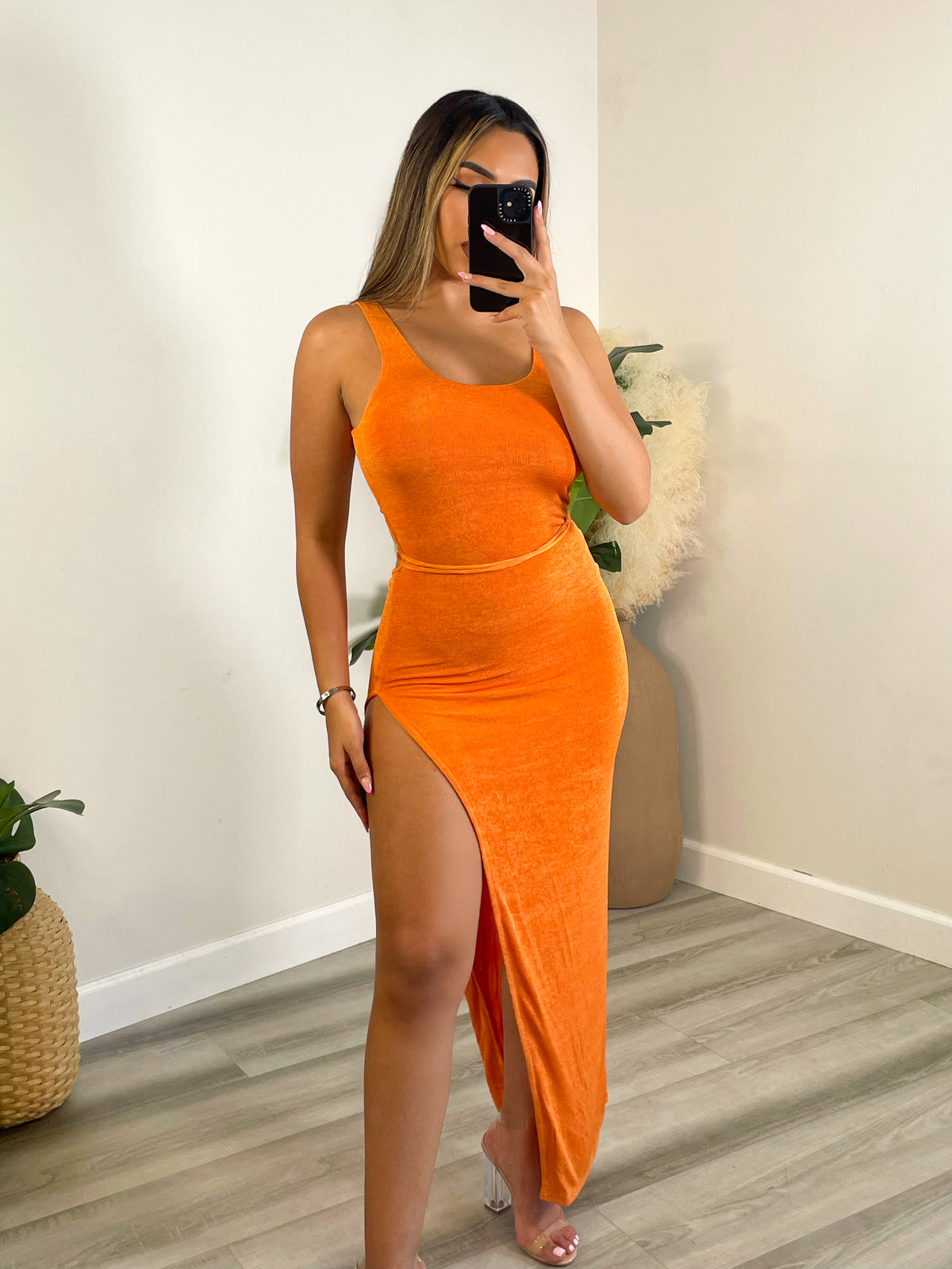 orange maxi dress, bodycon maxi dress, high side slit, thick straps 