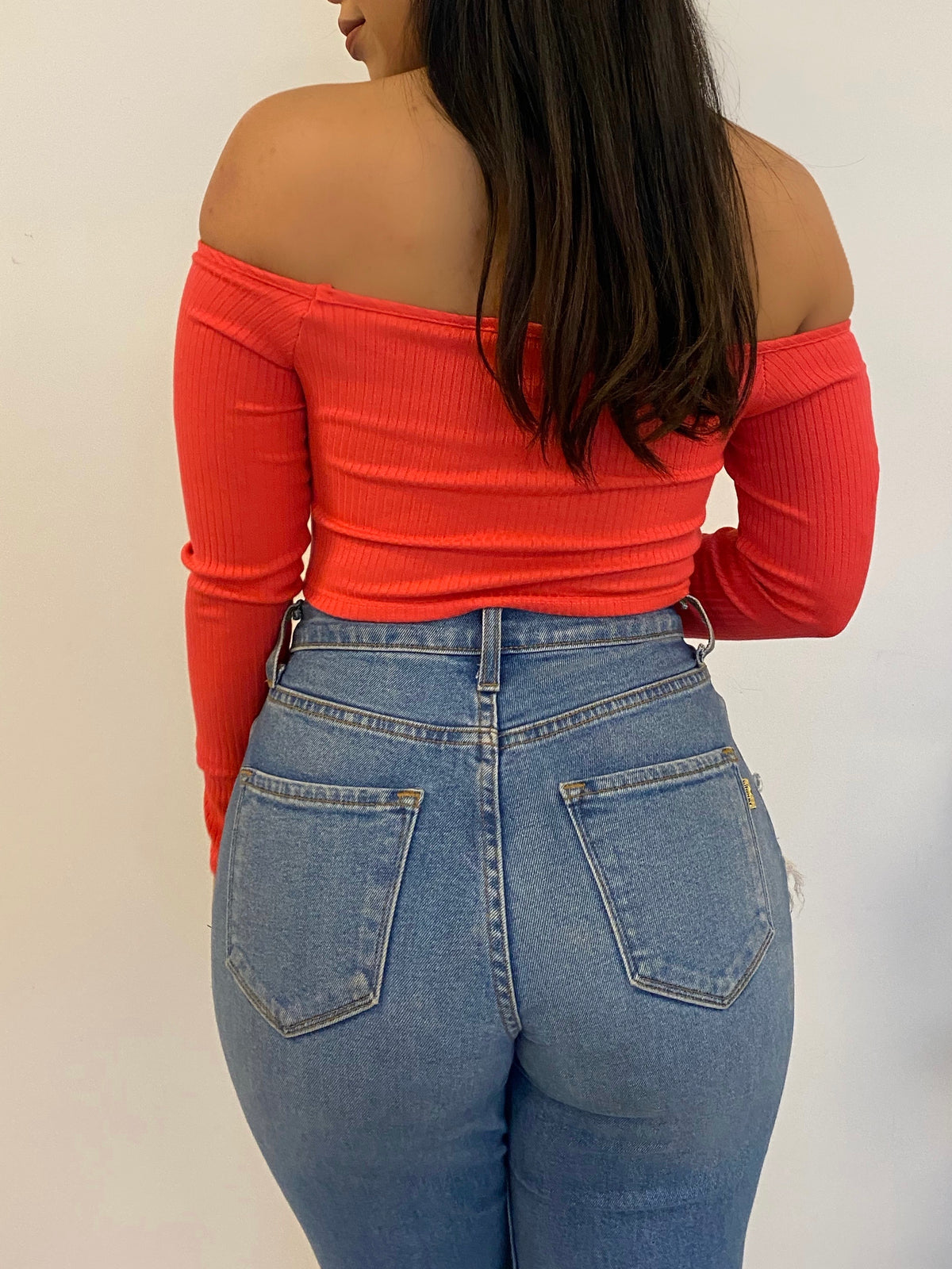 coral ribbed long sleeve top, off the shoulder, middle scrunch, crop top