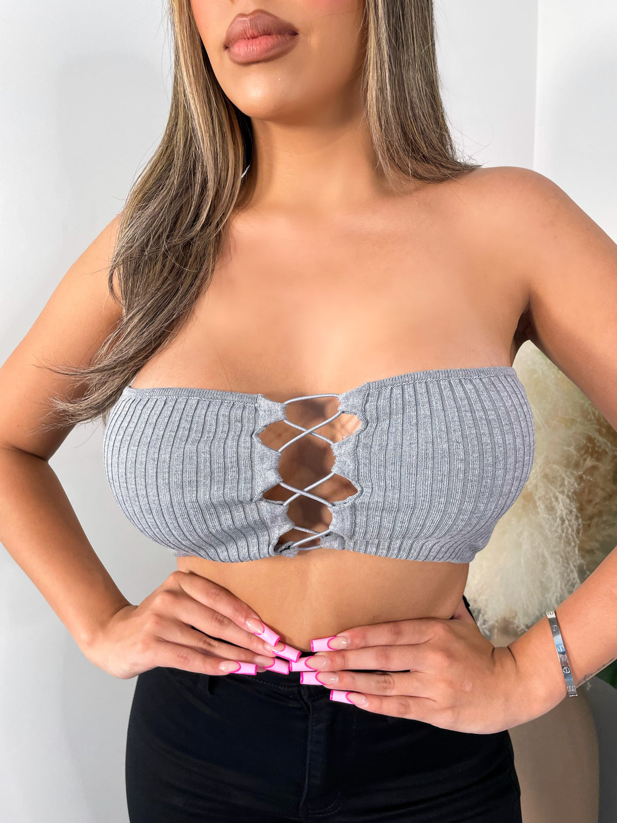 grey tube top, lace tie front, ribbed