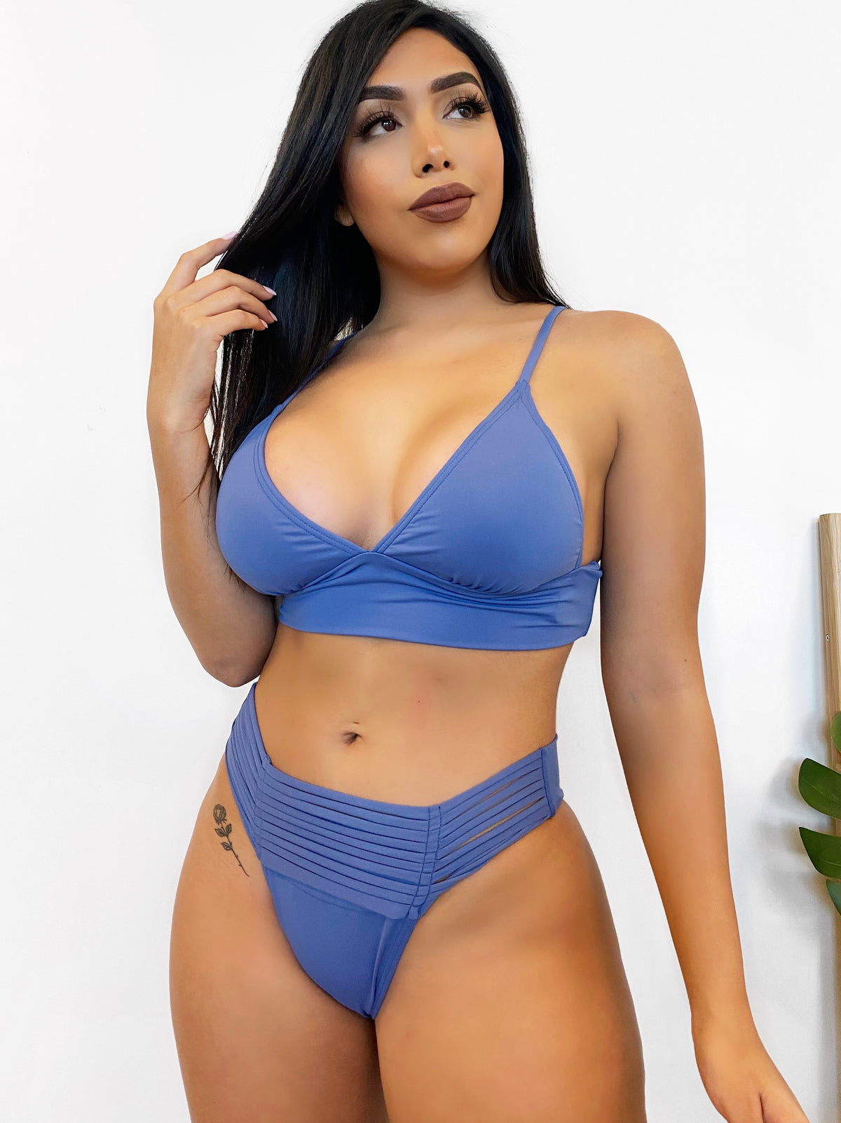 blue 2 piece bathing suit, v cut top, high rise bottoms, cheeky bottoms, adjustable straps 