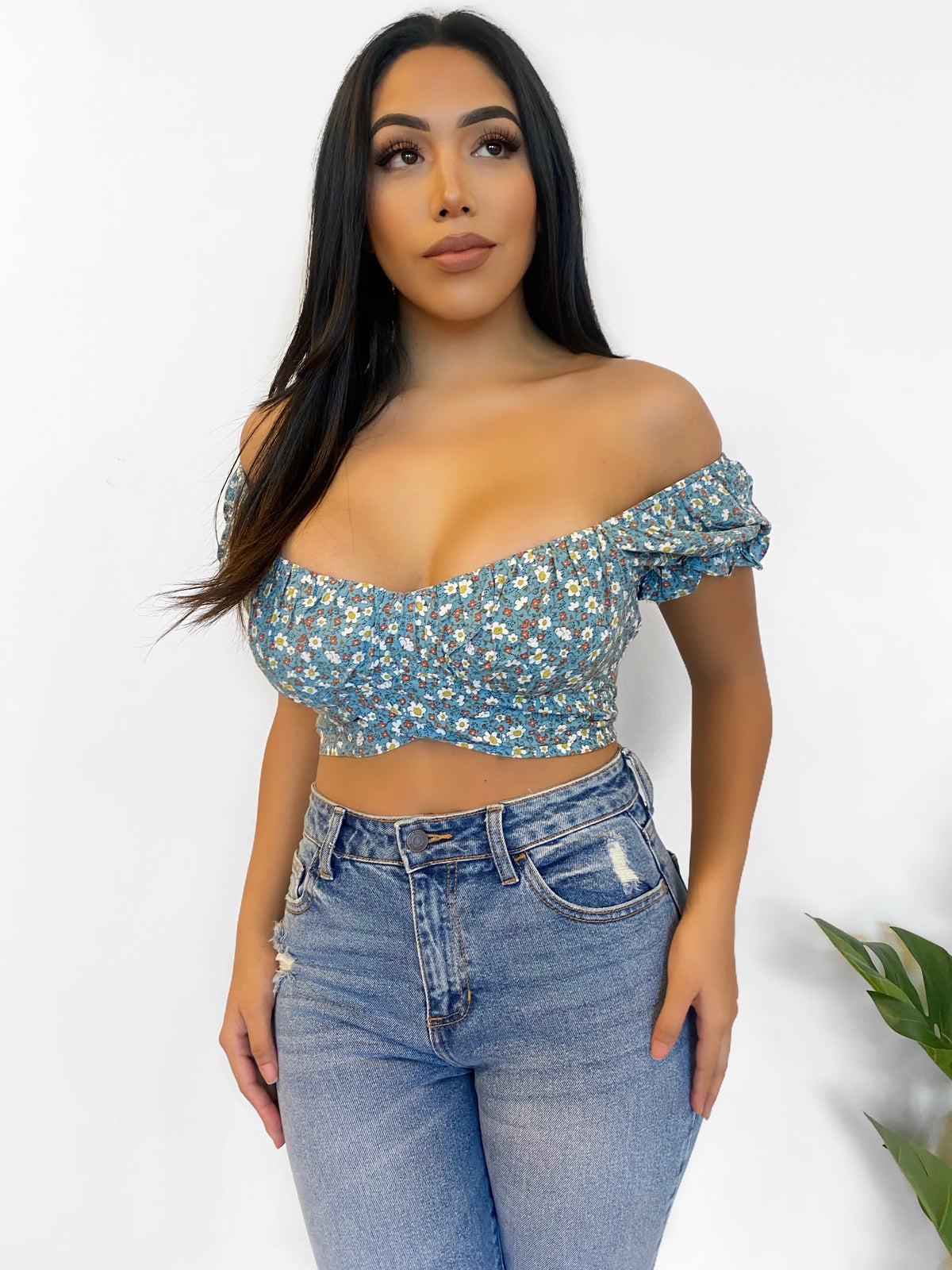 Naomi Flower Crop Top (D.Blue)