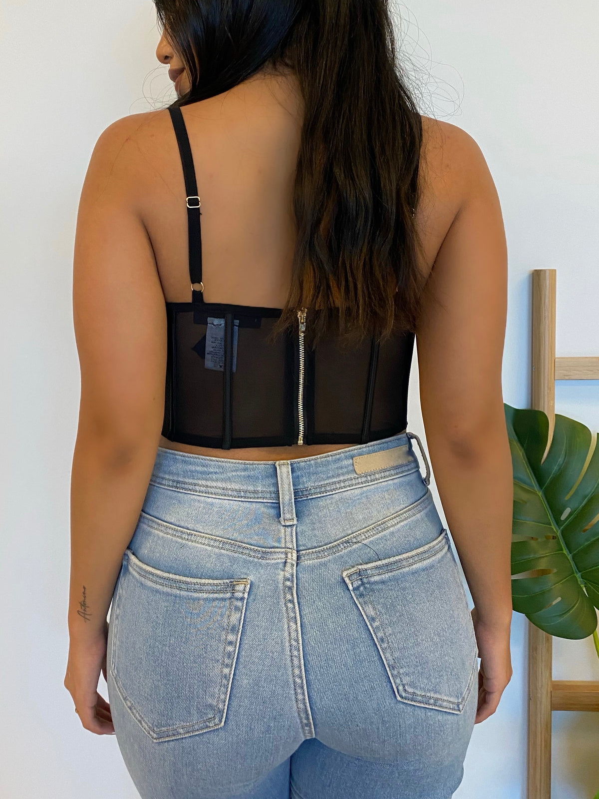 black corset top, mesh top, crop top, v cut, back zipper, adjustable straps, satin
