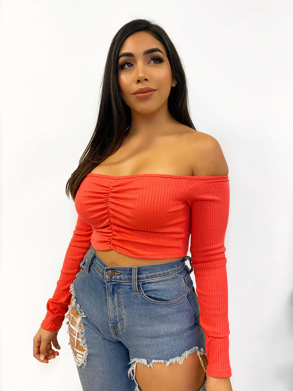 coral ribbed long sleeve top, off the shoulder, middle scrunch, crop top