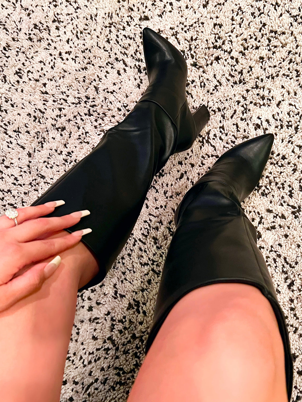 black knee high boots, high block heel, pointy toe