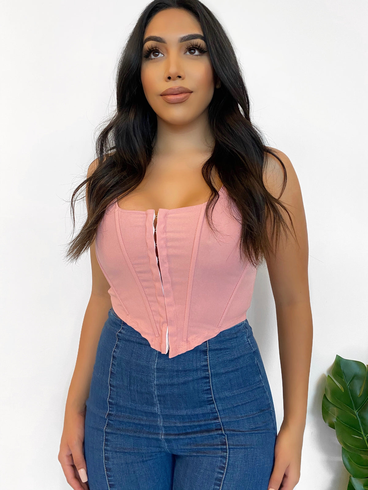 pink corset top, pink tank, v cut, hook n eye closure