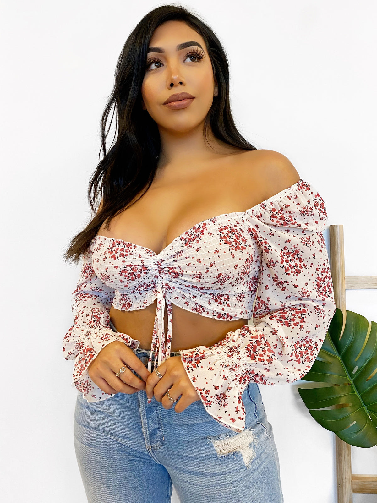 off white floral top, long sleeve mesh top, self tie, straight neckline