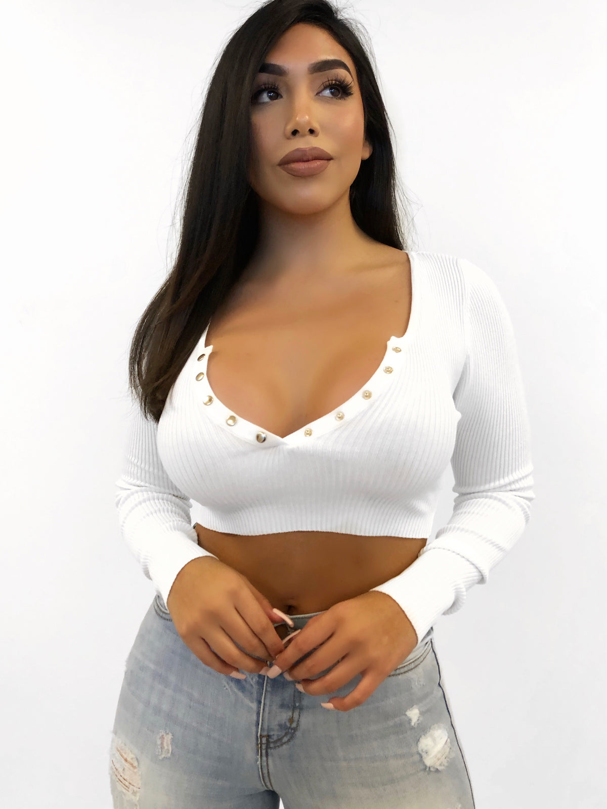 White long sleeve ribbed crop top, Gold buttons, V neck