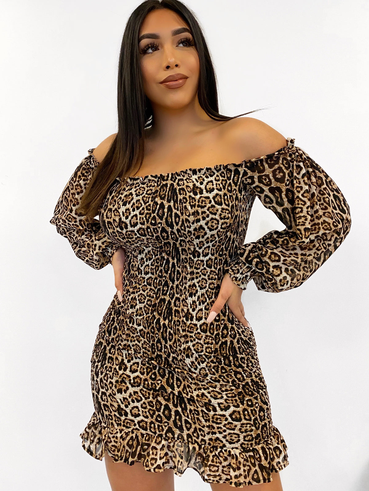 leopard dress, long sleeves, elastic, ruffled bottoms , mid thigh length 