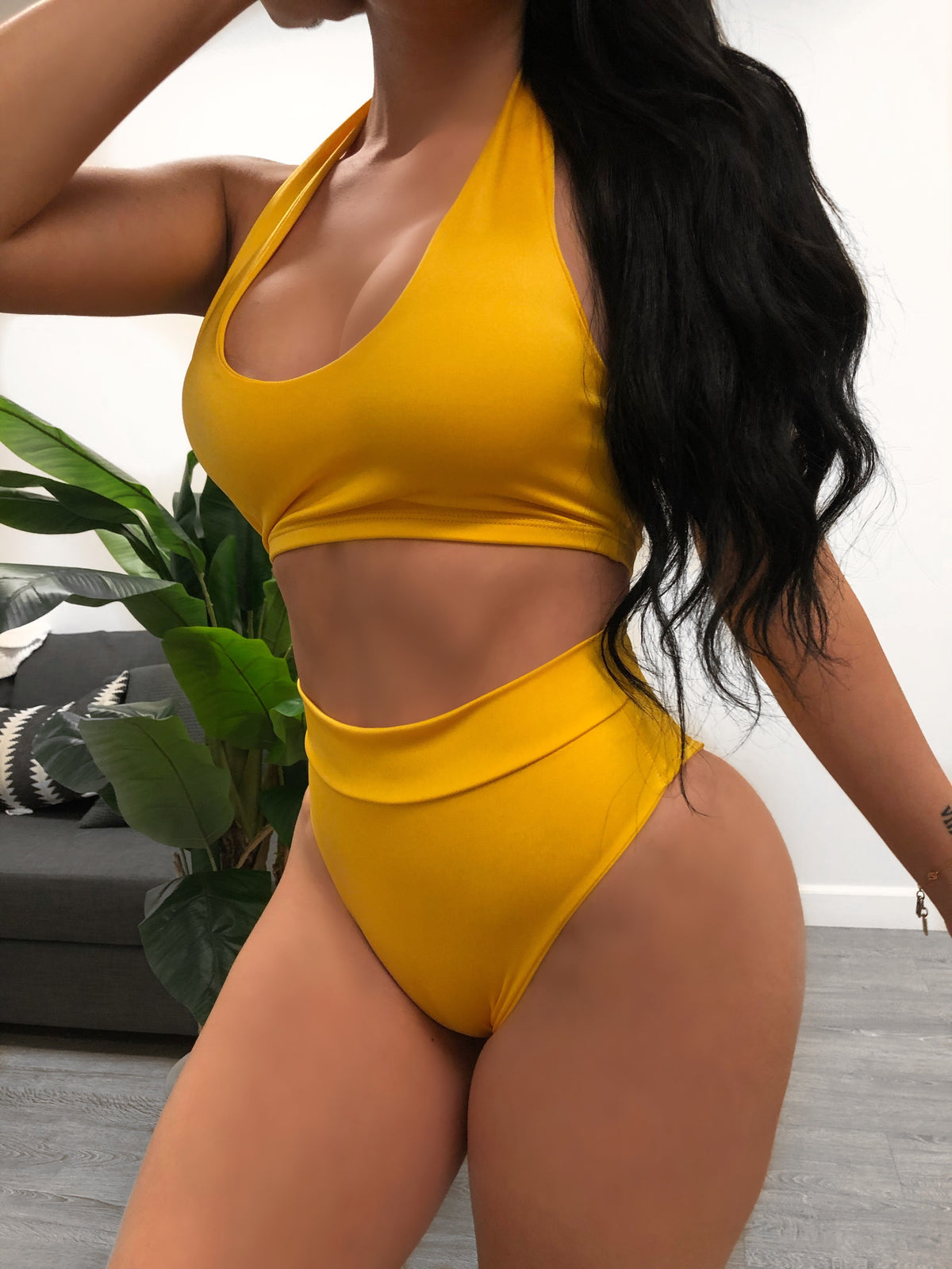 yellow two piece bathing suit, halter top, high waist bottoms, cheeky bottoms