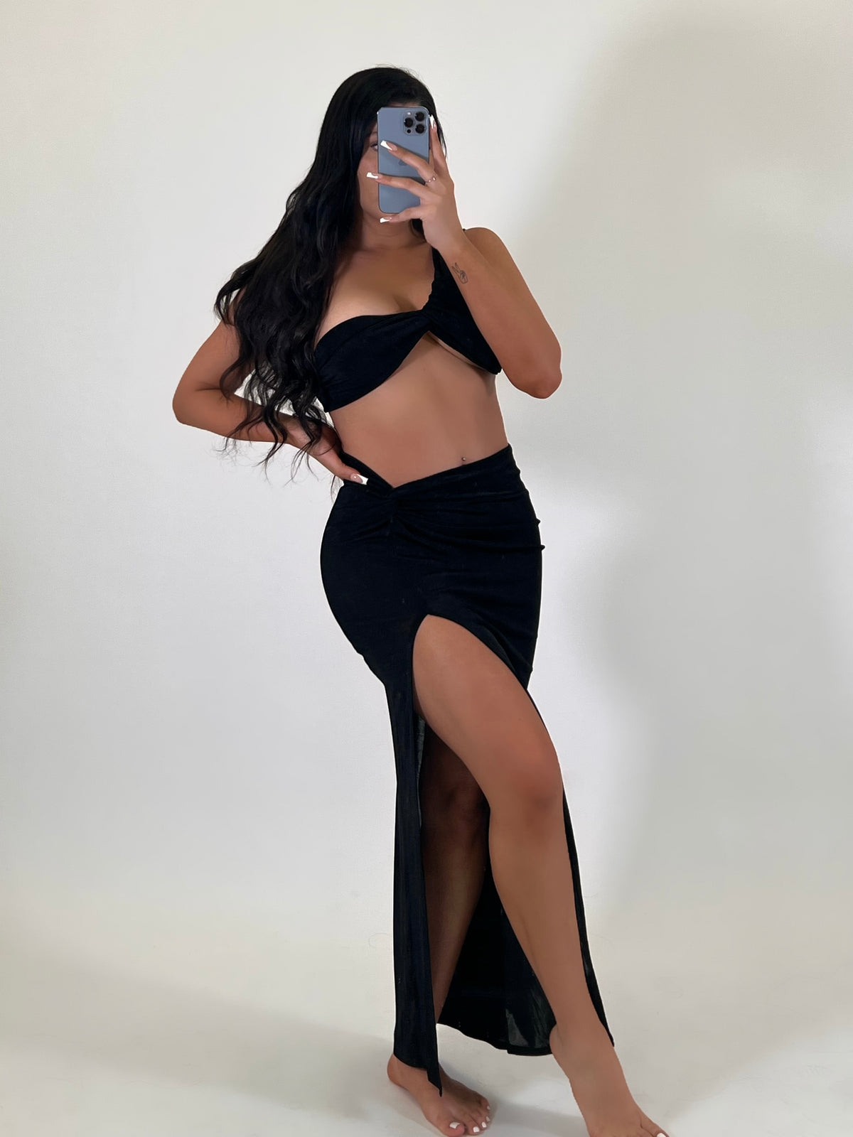 black 2 piece, crop top, one shoulder, high waisted maxi skirt, bodycon